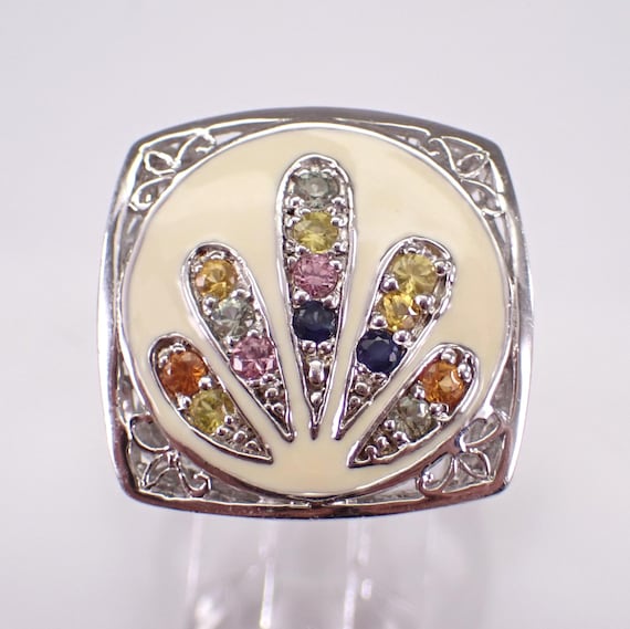 Sterling Silver and Enamel Stackable Ring - Estate Multi Color Sapphire Anniversary Band