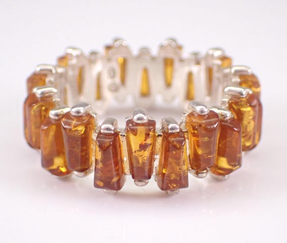 Vintage Sterling Silver Amber Eternity Ring: Unique Wedding Anniversary Cigar Band