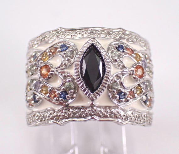 Multi Color Sapphire and Enamel Ring - Sterling Silver Chunky Gemstone Band