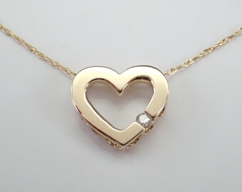 Vintage Diamond Heart Necklace - Yellow Gold Dainty Charm Pendant and Chain - Small Estate Anniversary Fine Jewelry Gift