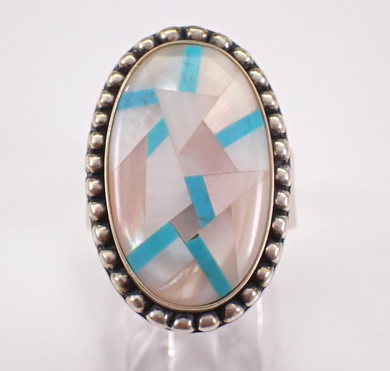 Mother of Pearl and Turquoise Inlay Ring - Unique Sterling Silver Gemstone Band - Estate Beaded Halo Jewelry Gift