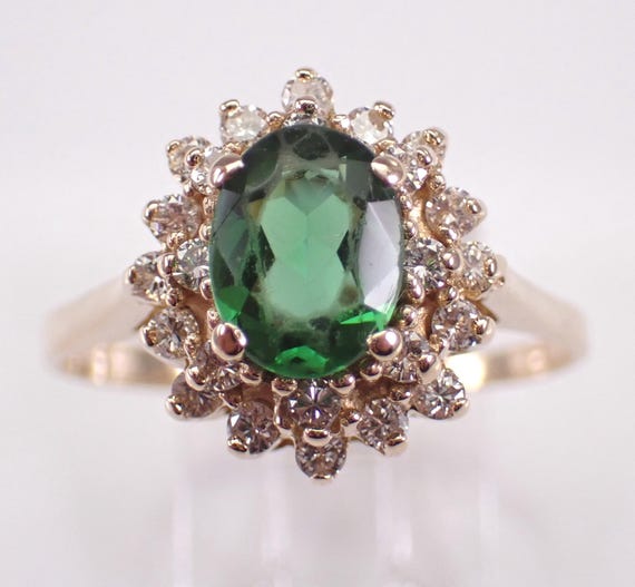 Vintage 14K Yellow Gold Diamond and Tsavorite Ring: Estate Gemstone Halo Engagement Setting