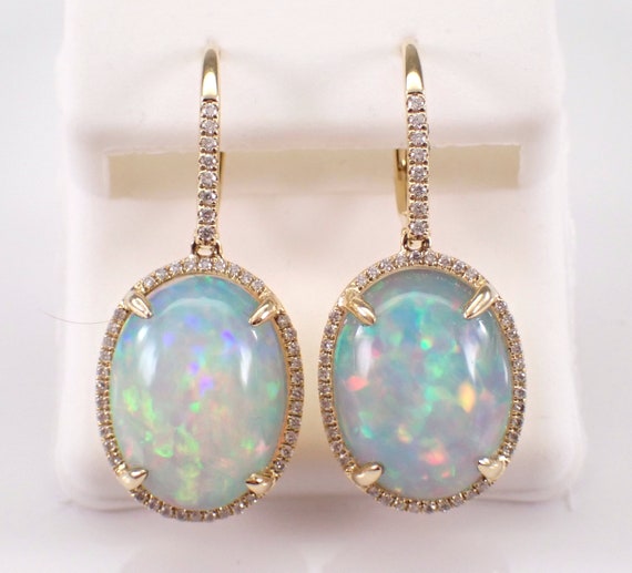 14K Yellow Gold Opal Earrings - Diamond Halo Dangle Gemstone - Large Bridal Fine Jewelry Gift
