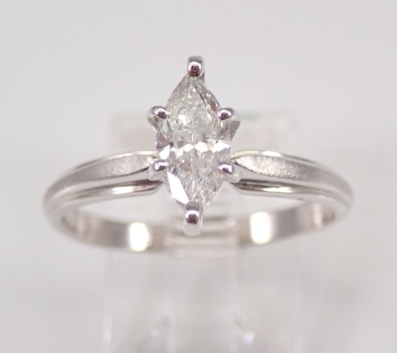 14K White Gold Diamond Engagement Ring - Solitaire Bridal Fine Jewelry Gift - Dainty Marquise Wedding Promise