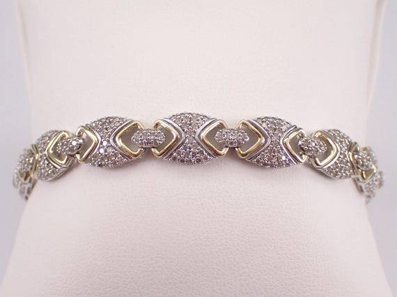 White and Yellow Gold Diamond Bracelet: Two Tone Cluster Tennis Link