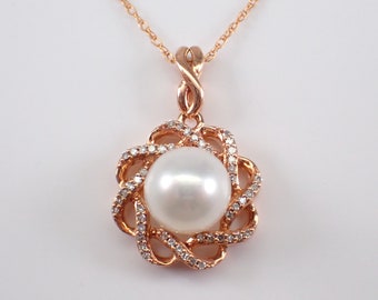 Pearl and Diamond Halo Necklace - Rose Gold Dainty Pendant and Chain - June Birthstone Flower Swirl Fine Jewelry Gift