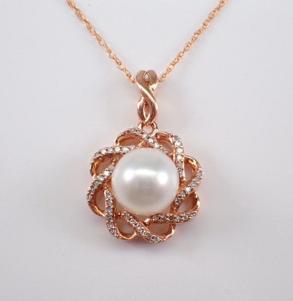 Pearl and Diamond Halo Necklace - Rose Gold Dainty Pendant and Chain - June Birthstone Flower Swirl Fine Jewelry Gift