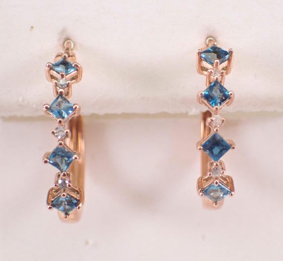 Rose Gold Blue Topaz and Diamond Hoop Earrings: Square Gemstone Huggies