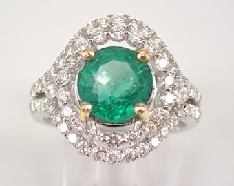 Genuine Emerald and Diamond Ring - 18K White Gold Halo Engagement Ring - Green May Birthstone Jewelry for Her