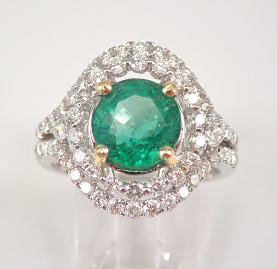 18K White Gold Emerald and Diamond Ring - Unique Halo Engagement Setting - May Birthstone Gemstone Jewelry Gift