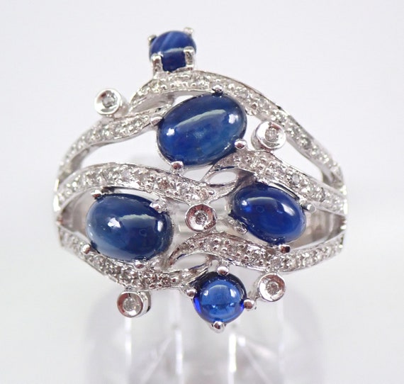 Vintage 14K White Gold Sapphire Ring, Large Estate Diamond Cluster Cocktail Band, Blue Cabochon Gemstone Fine Jewelry