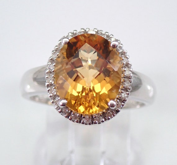 14K White Gold Citrine Ring, Diamond Halo Chunky Engagement Setting, November Gemstone Jewelry Gift