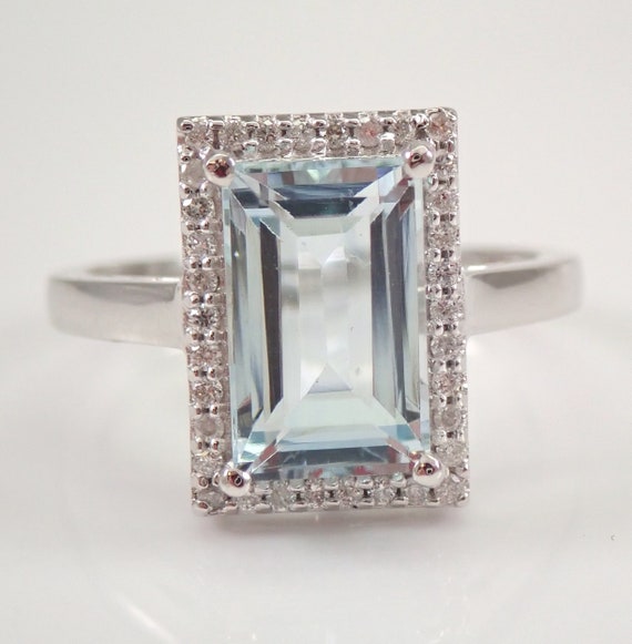 Elongated Emerald Cut Aquamarine Ring - 14K White Gold Aqua and Diamond Halo Ring - March Birthstone Fine Jewelry Gift