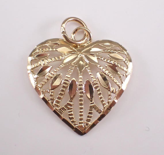 Vintage 14K Yellow Gold Heart Charm - Estate Puffy Filigree Pendant for Bracelet or Necklace