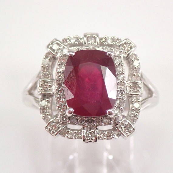 2.40ct Cushion Cut Ruby Ring, Genuine Diamond Halo Engagement Ring, Solid White Gold Bridal Fine Jewelry