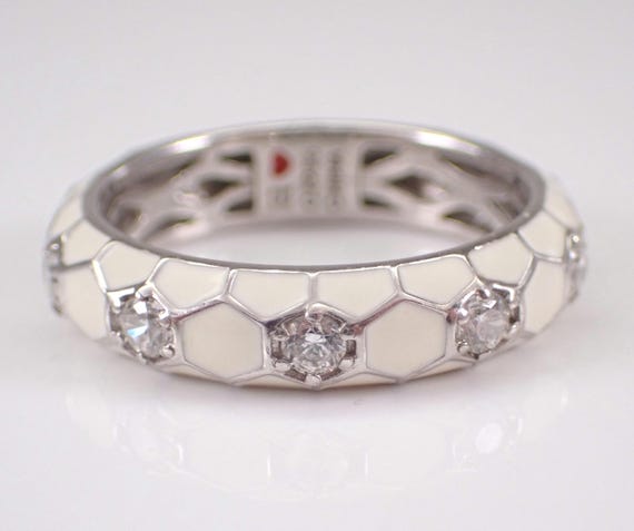 Vintage HIDALGO White Enamel Wedding Band - Sterling Silver Stackable CZ Eternity Ring - Bridal Anniversary Fine jewelry