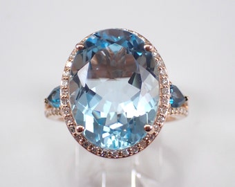 Blue Topaz and Diamond Halo Ring - Rose Gold Gemstone Setting - GalaxyGems Fine Jewelry Gift