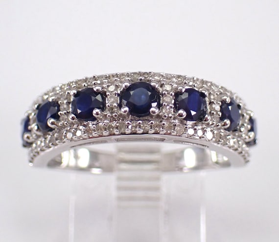 White Gold Sapphire and Diamond Wedding Ring: Gemstone Anniversary Band