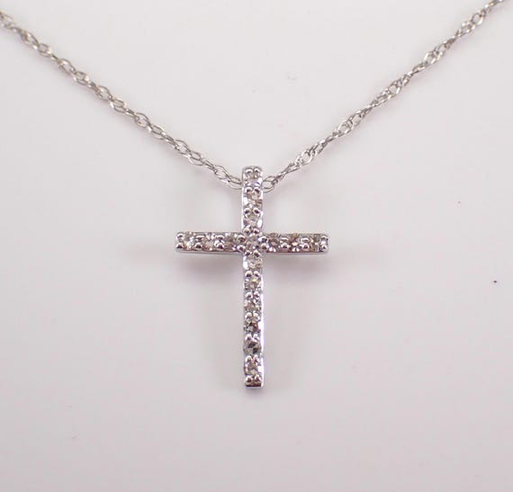 14K White Gold Diamond Cross Pendant - Dainty Little Charm Necklace and Chain - Small Religious Jewelry Drop Gift