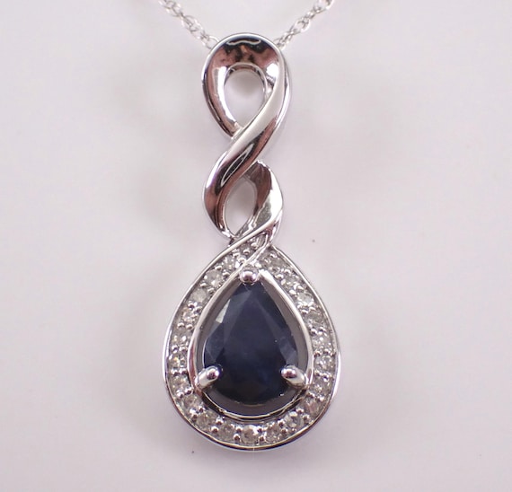 White Gold Sapphire and Diamond Pendant: Teardrop Gemstone Choker Necklace, September Birthstone Chain