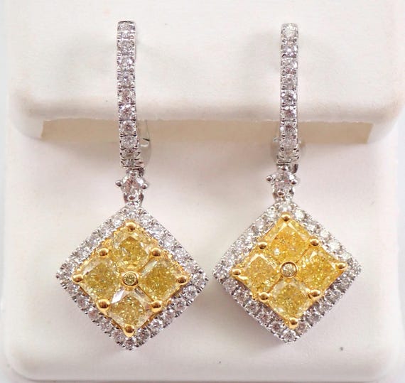 Yellow Canary Diamond Earrings - 14K White Gold Dangle Fancy Color Jewelry - GalaxyGems Bridal Gift