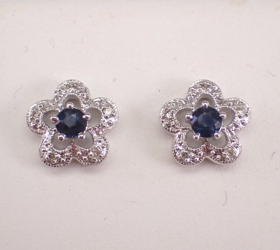 14K White Gold Sapphire and Diamond Earrings: Dainty Flower Studs
