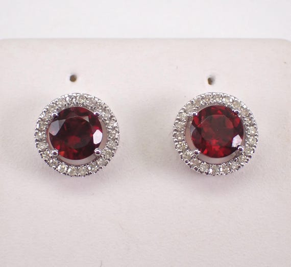 White Gold Garnet and Diamond Stud Earrings: Simple Dainty Gemstone Halo Setting