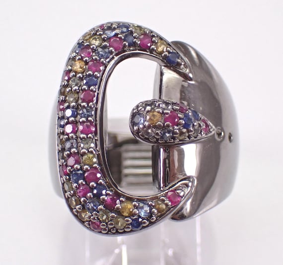 Sterling Silver Multi Color Sapphire Ring - Unique Colorful Rainbow Belt Buckle Band