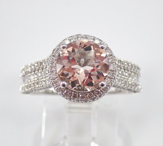 Pink Morganite Engagement Ring - 14K White Gold Bridal Fine Jewelry - Chunky Diamond Halo Setting