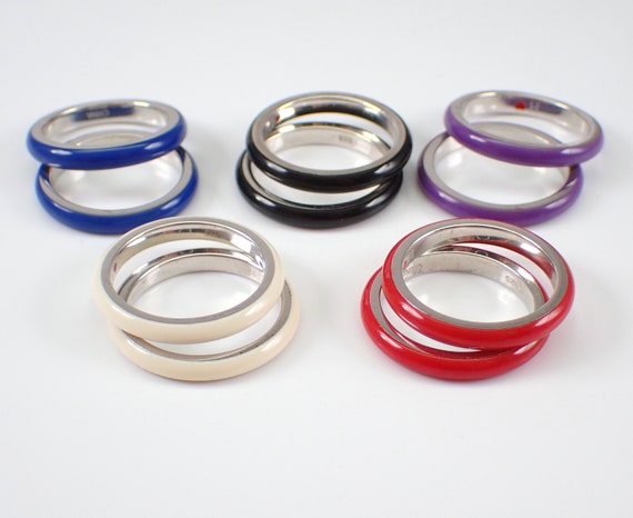 Sterling Silver and Enamel Stackable Ring - Estate Red Blue White Black Purple Color Wedding Anniversary Band