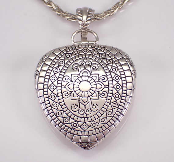Vintage Sterling Silver Heart Locket Necklace, Unique Large Aztec Charm Pendant, Estate Everyday Choker Chain Jewelry Gift