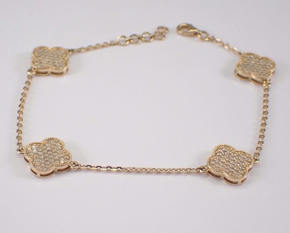 14K Yellow Gold Diamond Tennis Bracelet: Clover Cluster Station Chain Link
