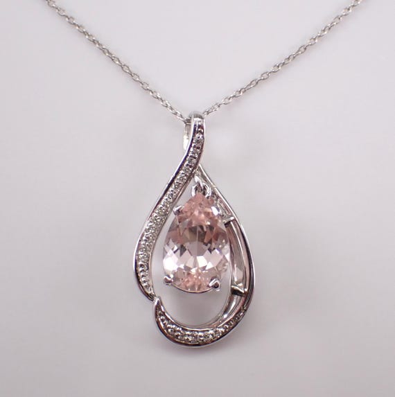Morganite and Diamond Teardrop Pendant and Chain - 14K White Gold Gemstone Charm Necklace - Dainty Bridal Fine Jewelry Gift