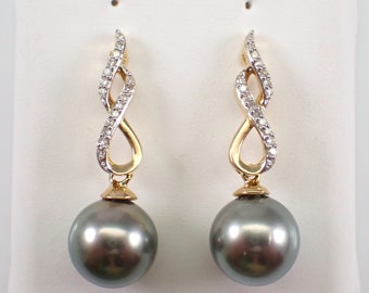 Black Tahitian Pearl Earrings - Diamond Dangle Drop Setting - 14K Yellow Gold Fine Jewelry Gift - June Birthstone Gemstone