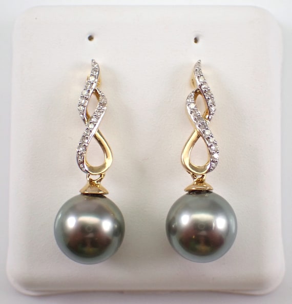 Black Tahitian Pearl Earrings - Diamond Dangle Drop Setting - 14K Yellow Gold Fine Jewelry Gift - June Birthstone Gemstone