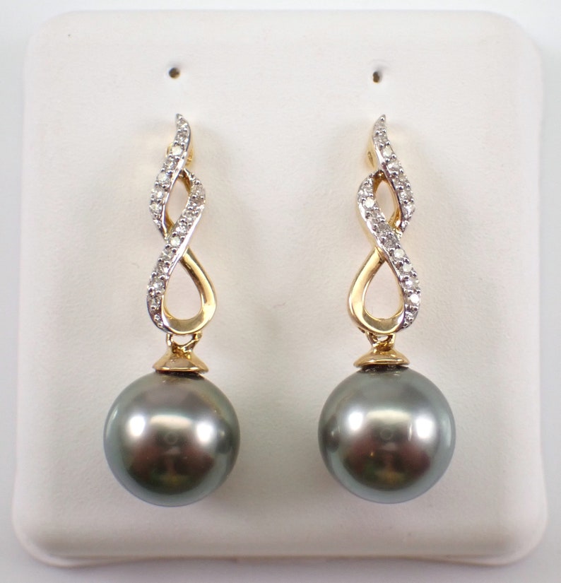 Black Tahitian Pearl Earrings Diamond Dangle Drop Setting 14K Yellow Gold Fine Jewelry Gift June Birthstone Gemstone image 1