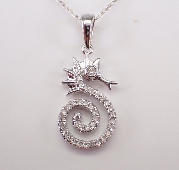 White Gold Diamond Seahorse Charm, Unique Sea Horse Pendant and Chain, Unique Fine Jewelry Necklace Gift
