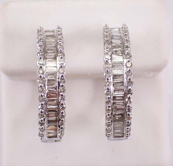14K White Gold Diamond Hoop Earrings: Multi Row Baguette Huggies