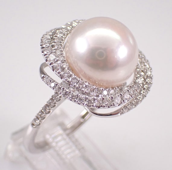 14K White Gold South Sea Pearl Ring: Diamond Swirl Halo Engagement Setting