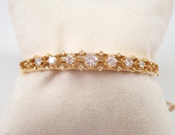 Vintage Antique 14K Yellow Gold 1.40 ct Diamond Bangle Bracelet 6.75" Safety Chain