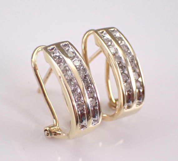 Yellow Gold Diamond Half Hoop Earrings: Vintage Estate Dainty Omega Clasp Huggies