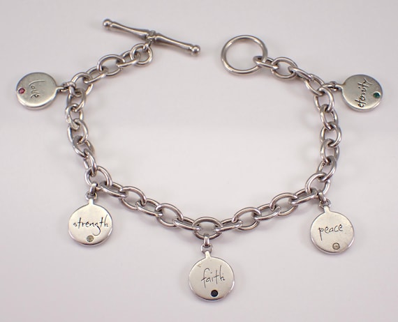 Vintage Sterling Silver Charm Bracelet with Engravable Discs, Round Asian Character Dangles, Love Strength Faith Peace Eternity