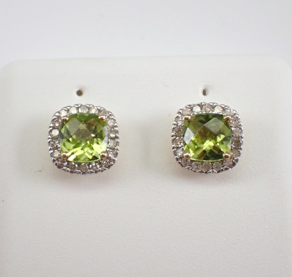 Genuine Cushion Cut Peridot Stud Earrings - Yellow Gold Diamond Halo Setting - August Birthstone Gemstone Gift
