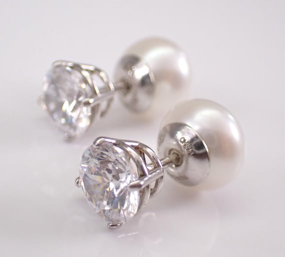 Sterling Silver Pearl and CZ Stud Earrings, Unique Estate Reversible HONORA Studs