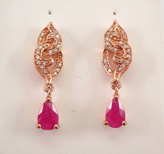 Petite Ruby Dangle Earrings, Solid Rose Gold Diamond Drops, July Birthstone Teardrop Jewelry