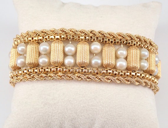 Vintage Solid Gold Pearl Bracelet - 14K Yellow Gold Wide Chunky Bracelet