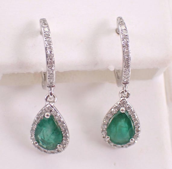 Emerald and Diamond Dangle Earrings, 14K White Gold Dainty Halo Drops, May Birthstone Fine Jewelry Gift