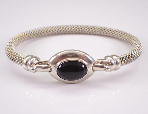 Sterling Silver Bangle Bracelet - Joseph Esposito Onyx Gemstone Jewelry - Unique Vintage Black Mesh Cuff