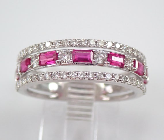Ruby and Diamond Multi Row Wedding Ring - 18K White Gold Stackable Anniversary Band - July Birthstone Jewelry Gift