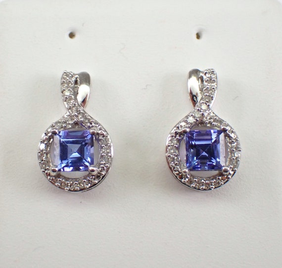 Square Tanzanite and Diamond Earrings - White Gold Halo Drop Studs - December Gemstone Fine Jewelry Gift